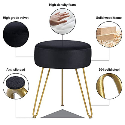 GERANT Multifunctional Vanity Stools - Velvet Round Ottoman Modern Dressing Stool -Upholstered Footrest Stool - Side Table Footstool with Golden Metal Leg for Living Room, Bedroom (Black) - color: Black