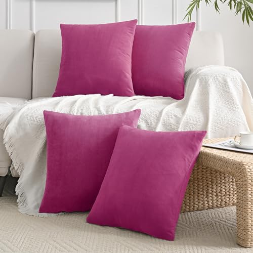 JELLYMONI Velvet Throw Pillow Covers 16x16 Set of 4, Magenta | Soft Luxury Feel, Gradient Color Design, Hidden Zipper Closure, Machine Washable, Decorative Home Accent - color: Magenta, size: 16" x 16" (Pack of 4)