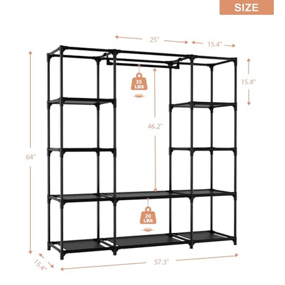 Portable Closet for Hanging Clothes 57.3 Inch Large Capacity Wardrobe Closet with Cover, 8 Pockets and 1 Hanging Rod, Easy Assembly Closet Organizer for Bedroom, Black