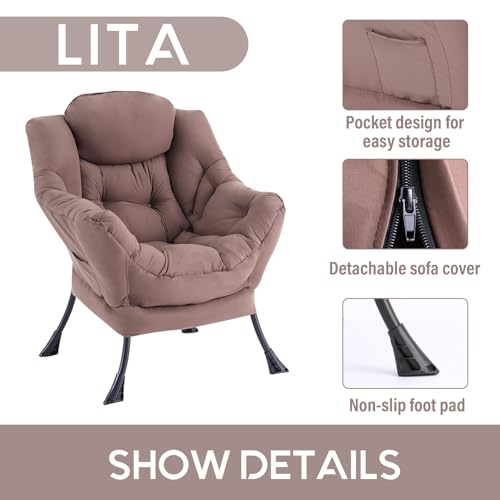Lazy Chair with Ottoman, Comfy Accent Reading Chair, Dark Brown | Foldable Footrest,Removable Cover,with Armrests and Side Pockets,Upholstered Lounge Chair for Bedroom,Dorm,Office,Small Space - color: Single Dark Brown