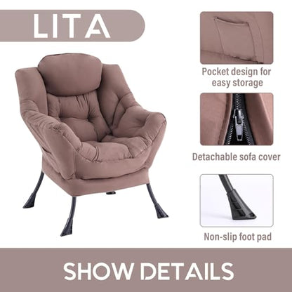 Lazy Chair with Ottoman, Comfy Accent Reading Chair, Dark Brown | Foldable Footrest,Removable Cover,with Armrests and Side Pockets,Upholstered Lounge Chair for Bedroom,Dorm,Office,Small Space - color: Single Dark Brown