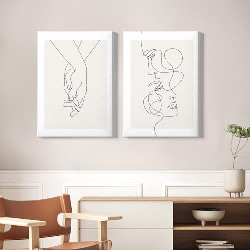 Abstract Couple Line Art Line Face Wall Art Minimalist Line Art Prints Black Line Pictures Holding Hands Canvas Wall Art Black and White Minimalist Poster for Living Room Bedroom 16x24inx2 Framed - color: Abstract Couple Line Art Framed