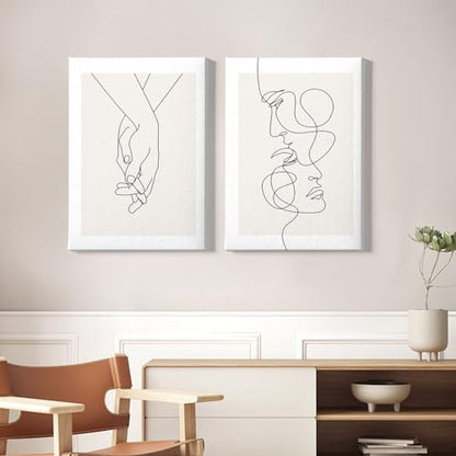 Abstract Couple Line Art Line Face Wall Art Minimalist Line Art Prints Black Line Pictures Holding Hands Canvas Wall Art Black and White Minimalist Poster for Living Room Bedroom 16x24inx2 Framed - color: Abstract Couple Line Art Framed