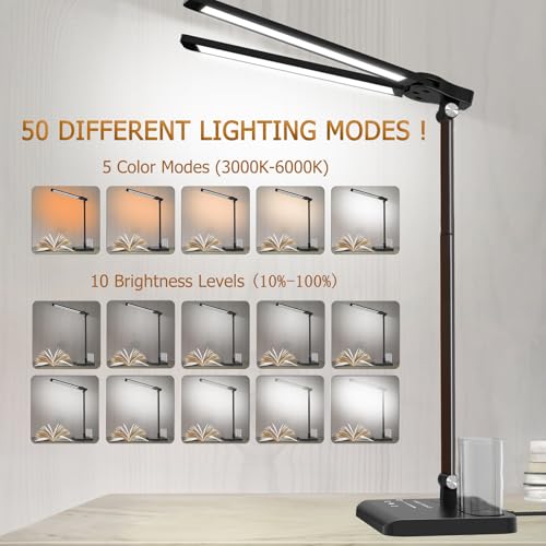 Retractable Dimmable LED Desk Lamp with USB Charging Port Desk Light | Height Adjustable 50 Lighting Modes Dual Swing Arm Architect Adjustable Table Lamp Light for Home Office Dorm Nail, Black - color: Pure Black