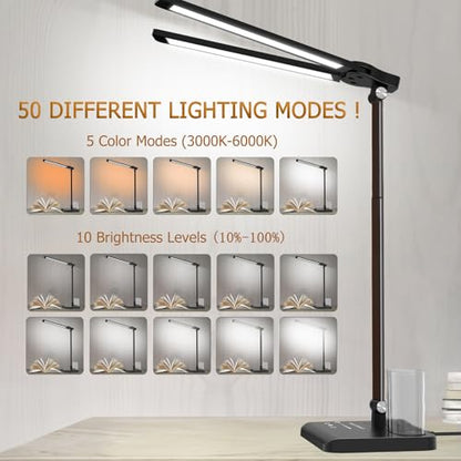 Retractable Dimmable LED Desk Lamp with USB Charging Port Desk Light | Height Adjustable 50 Lighting Modes Dual Swing Arm Architect Adjustable Table Lamp Light for Home Office Dorm Nail, Black - color: Pure Black