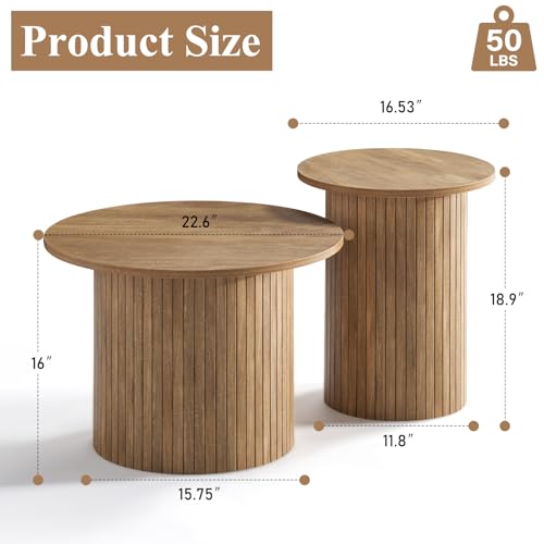 Nesting Coffee Table Set of 2, Mid Century Modern Round Coffee Tables, Wood Slat Side Table Set for Living Room, Office, Balcony (Natural Oak) - color: Natural Oak