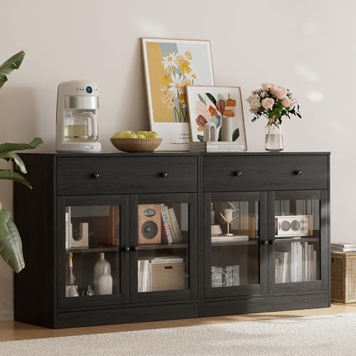 TUSY 71" TV Stand Storage Set - 2 Tall Bookcases & 2 Side Cabinets, Media Console with Glass & Wood Doors, Entertainment Center with Drawers, Tall Media Console for Living Room (Black, AFFA) - color: Black