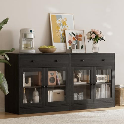 TUSY 71" TV Stand Storage Set - 2 Tall Bookcases & 2 Side Cabinets, Media Console with Glass & Wood Doors, Entertainment Center with Drawers, Tall Media Console for Living Room (Black, AFFA) - color: Black