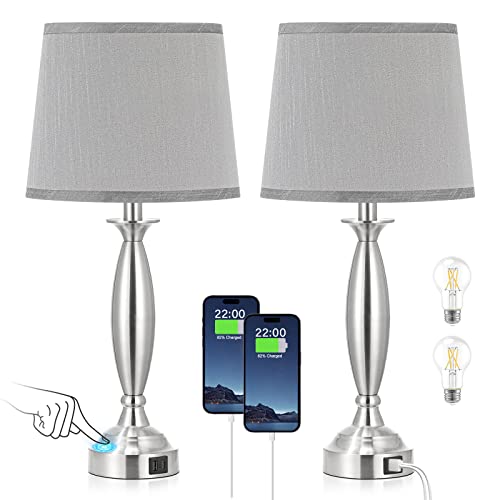 Bedroom Lamps for Nightstand, 3 Way Dimmable Silver Bedside Lamps with USB | Touch, USB C+A Ports, Bulb Included, Gray Shade, Silver, Chrome, Bed Side lamps for Night Stands, Living Room - color: A. Grey Shade and Nickel Base, size: 22.5in Touch Control