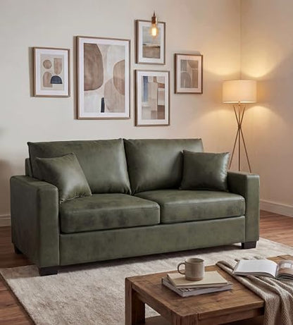 Eafurn 69" Small Loveseat Sofa Couch, Mid-Century Modern PU Leather 2-Seater Sofa with Wood Frame & 2 Pillows, Compact Space-Saving Couch for Living Room, Apartment, Office - color: Olive Green 69"