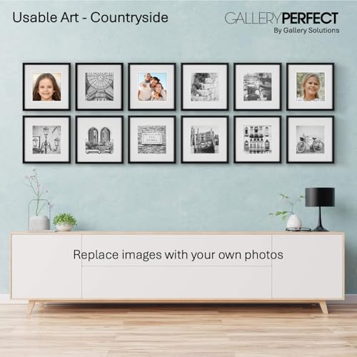 Gallery Perfect 12-Piece Black Photo Frame Set with Hanging Template - 12x12 Picture Frame Matted to 8x8 - Gallery Wall Kit - color: Black