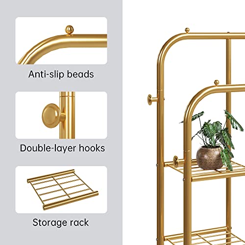 JOISCOPE Double Rods Portable Garment Rack for Hanging clothes, 49.4 * 64.5 Inch Metal Clothing Rack with Bottom Shelves and 4 Hooks,Freestanding Clothes Rack for Bedroom,Space Saving, Gold