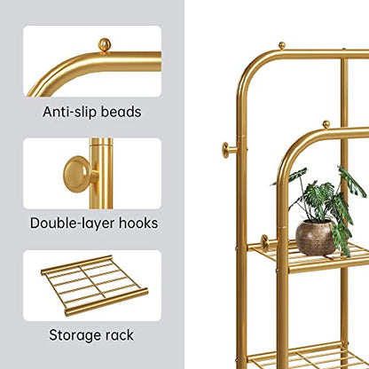 JOISCOPE Double Rods Portable Garment Rack for Hanging clothes, 49.4 * 64.5 Inch Metal Clothing Rack with Bottom Shelves and 4 Hooks,Freestanding Clothes Rack for Bedroom,Space Saving, Gold
