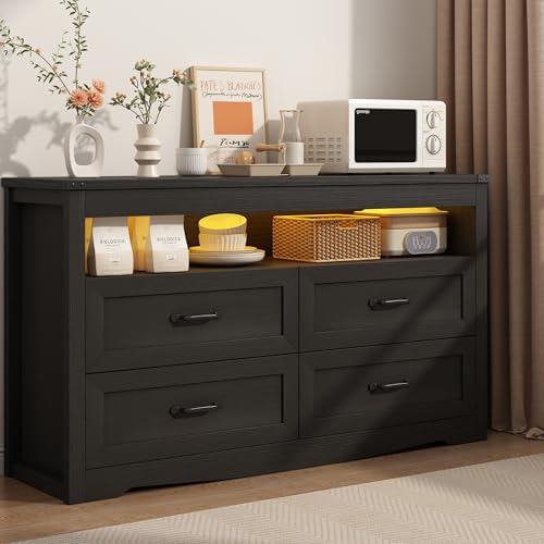 Black Dresser for Bedroom, Wood 4 Drawer Dresser with LED Light, Dressers & Chests of Drawers with Metal Handles, Storage and Organization for Bedroom, Hallway, Entryway - color: Black, style: LED 4 Drawers