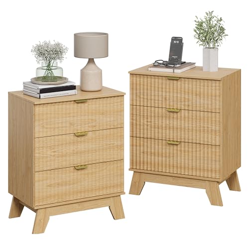 Night Stand Set 2, Bedside Table & End Table, Mid Century Modern Fluted Wood Nightstand with 3 Drawers & Metal Handles, Farmhouse Nightstand for Bedroom, Natural Oak - color: Natural Oak, style: 3 Drawers-2 PCS