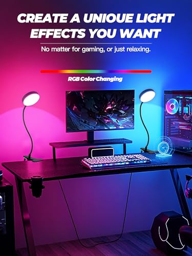 Clip on Light,10 RGB Colors+10 Brightness Small Desk Lamp with Clamp Light | 500 lm Bright 72 LED Desk Light, USB Adapter Reading Lights for Books in Bed/Headboard/Bedside Table/Bedroom/Dorm/Home Office - color: Black