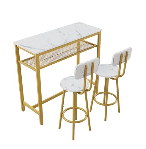 Counter Height Dining Table Set with 2 Stools - Kitchen Breakfast Bar Table - White Faux Marble Top