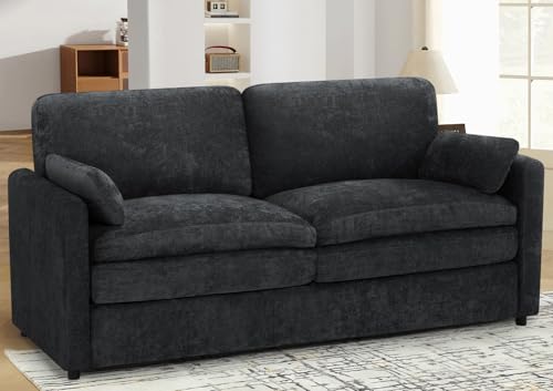 69" Chenille Modern Couch with Cozy & Soft Backrests, Black | 3 Seats Sofa with 2 Extra Pillows, Comfy Upholstered Sofa with Thicker Cushions for Living Room, Office - color: Black, size: Loveseat