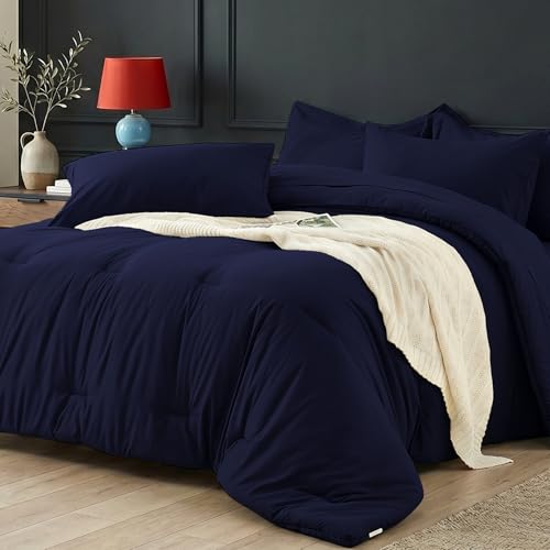 Queen Comforter Set 7 Piece - Soft Bed in a Bag Queen Size Comforter Sets, Cozy Bedding Sets with Lightweight Comforter, Flat Sheet, Fitted Sheet, 2 Pillowcases & 2 Shams, Navy Blue - color: Navy Blue, size: Queen