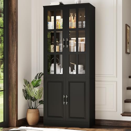 Kitchen Pantry Storage Cabinet with LED Lights, 78.7" Tall with Glass Doors & Drawers, Freestanding Utility Cabinet, Black (31.5" W x 15.7" D) - color: Black, size: 4 Doors