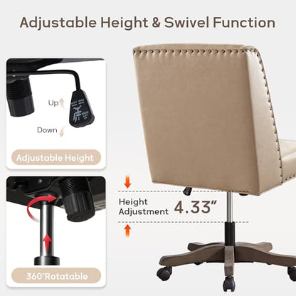 Upholstered Armless Office Chair Faux Leather Swivel Home Desk Office Chair | Modern Comfy Boho Office Chair with Wheels Adjustable Desk Chair no Arms for Sewing Women Farmhouse Study Studio PU Beige - color: Pu Beige