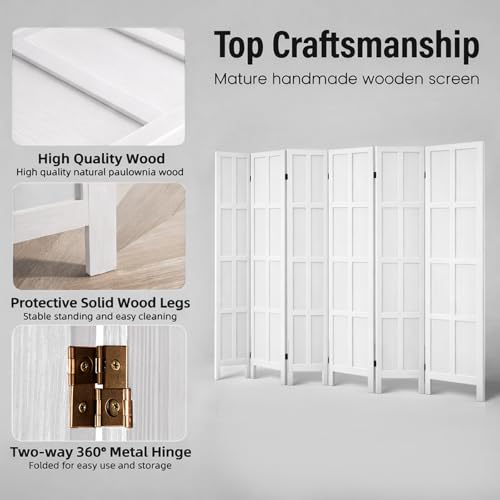 6 Panel Wood Room Divider and Folding Privacy Screen 67″, White | Solid Paulownia Wood Room Partition with 360° Hinges, Freestanding Wall Divider for Room Separation, Home, Bedroom, Office - color: 6 Panels White, size: 6 Panels