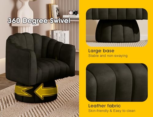 Dewhut Swivel Accent Chair, Barrel Accent Chair, Faux Leather, Black | Faux leather Upholstered Round Arm Chair with 360° Swivel Base, Mid Century Modern Living Room Chair - color: Black-faux Leather
