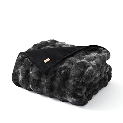 Faux Rabbit Fur Bubble Throw Blanket, 60"x80", Marble Black | Ultra Soft, Luxury Faux Rabbit Fur Throw, Thick Warm Bubble Blanket, Cozy Fluffy Reversible, for Bed, Couch, Chair, Sofa - color: Black Marble, size: 60"x80"