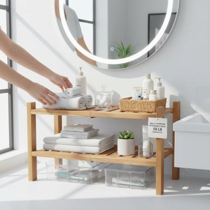 2-Tier Acacia Wood Stackable Shoe Rack - Brush Teak - color: Teak