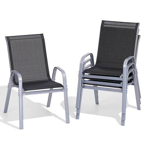 Patio Chairs Set of 4, All Weather Outdoor Dining Chairs | Stackable Dining Furniture Set, Breathable, High Back, Lawn, Garden, Backyard, Poolside Furniture - color: Black