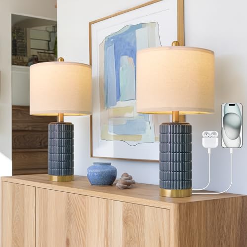 PoKat 21.5'' Bedside Table Lamps Set of 2 with USB A+C Ports for Living Room, Ceramic Modern Lamps for Bedroom, Small Nightstand Lamps for Office Guest Room Hallway Sideboard Gift Decor (Blue) - color: Blue and Gold