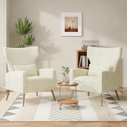 Nebuaegis Velvet Accent Chair Set of 2Wingback for Living Room, High Back Arm Chair with Golden Legs Lumbar Pillow, Upholstered Single Sofa Bedroom Beige - color: Beige, size: Set of 2