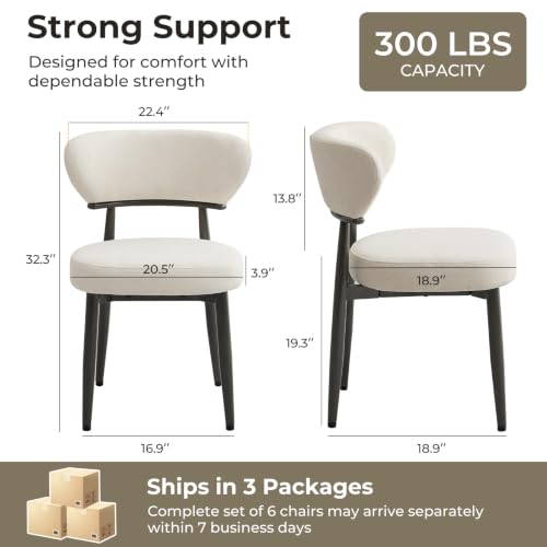 Dining Chairs Set of 6, Modern Upholstered Fabric Dining Chairs | Thick Padded Seat, Textured Fabric, Curved Back, Metal Frame, Dining Room, Kitchen, Breakfast Nook, Restaurant, Beige - color: Beige, size: Set of 6