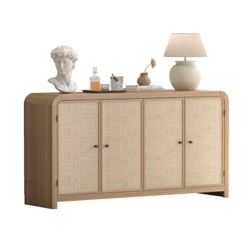 Oak&Sparrow Oak Rattan Sideboard Buffet Cabinet, 60'', 4 Doors | Boho Style, Adjustable Shelves, With Storage, For Living Room, Hallway & Kitchen - color: Natural Oak
