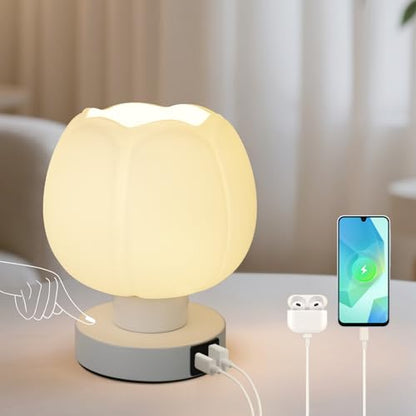 Touch Bedside Lamp wtih USB C+A Charging Ports,Tulip Flower Lamp | 3-Way Dimmable Lamp,Nightstand Lamp with Soft Light, Aesthetic Lamp with Wide Application