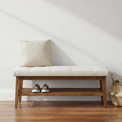 HUIMO Upholstered Entryway Shoe Bench, Button Tufted End of Bed Bench,Beige | with Solid Wood Slatted Shelf, Padded Ottoman Bench for Bedroom, Living Room, Entryway - color: Beige, style: French Country
