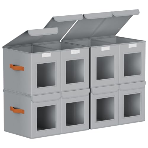 Large Closet Storage Bins - Collapsible Divided Clothes Organizer with Lids & Dual Window, Fabric Organizing Bins for Clothes, Sweater, Bedroom, Office (Grey, 4 Pack) - color: Grey, size: L(4-Pack)