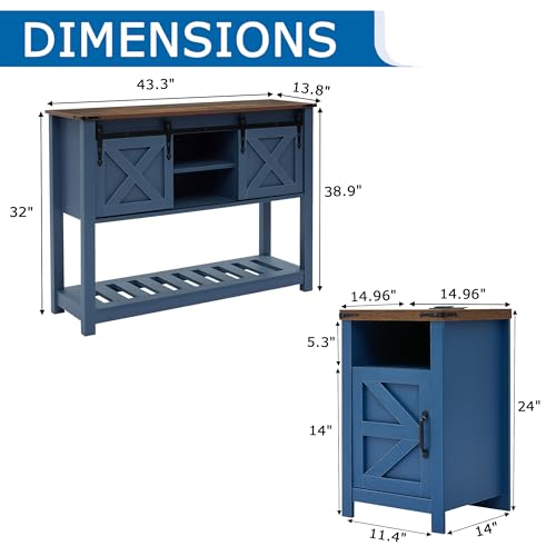 Farmhouse Entryway Table Set of 3, Console Table with Storage and 2 End Tables, Rustic Sofa Table Set for Living Room, Hallway, Bedroom, Blue - color: 3pcs-blue