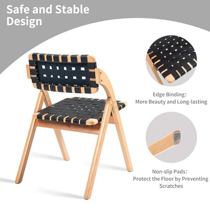 Folding Dining Chairs Set of 2 | Wooden Foldable Chair with Leather-Woven Backrest and Widened Seat Extra for Guests Kitchen Office Wedding Picnic Black - color: Black With Leather Strap, size: 2PCS