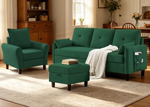 2 PCS Sectional Sofa Set, Convertible Sofa and Accent Chair, Small 3 Seat L Shaped Couch with Storage Ottoman and Side Pockets, Modern Couch for Living Room, Office, Apartment, Green - color: Green, size: Sofa+Chair