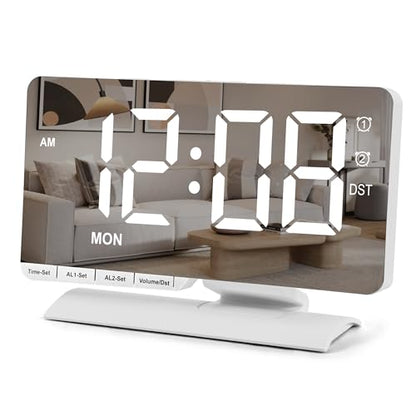 Digital Clock,Alarm Clock Bedside,7.3'' Large LED Mirror with Date Display,Dual Alarm with 3 Mode,Brightnee Adjust,DST,Snooze Function,USB C Charging Port,5 Levels Volume for Desk Bedroom Teens - color: White