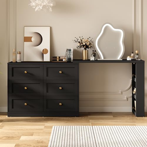 FansaFurn 67" L-Shaped Vanity Desk for Bedroom | 3 Side Shelves & 6 Drawers, Extendable Vanity Table and Dresser Combo, Modern Dressing Table for Dressing Room, Black - color: Black, size: 75.87''W×15.75''D×31''H
