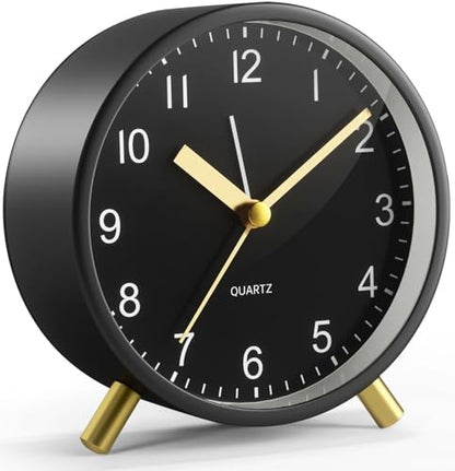 Back to School Silent Analog Quartz Alarm Clock for Kids Bedroom,Night Light, Battery Operated, Fashionable Round Metal - color: Black
