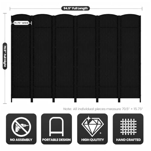 6 Panel Folding Room Divider,Woven Privacy Screen,Black | Solid wood frame, handcrafted diamond pattern, 6FT tall, extends to 94.5 inches wide, no assembly required - color: Black, size: 6-Panel