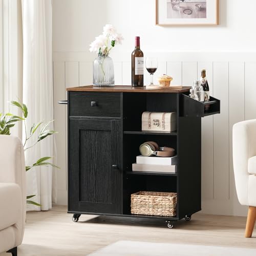 HOOBRO Kitchen Island, Storage Cabinet with Drawer, Kitchen Cart with Spice and Towel Rack, Saving Space, Easy Assembly, for Living Room, Rustic Brown and Black FB12ZD01 - color: Rustic Brown + Black