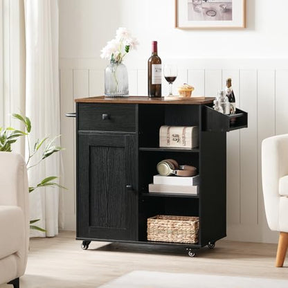 HOOBRO Kitchen Island, Storage Cabinet with Drawer, Kitchen Cart with Spice and Towel Rack, Saving Space, Easy Assembly, for Living Room, Rustic Brown and Black FB12ZD01 - color: Rustic Brown + Black