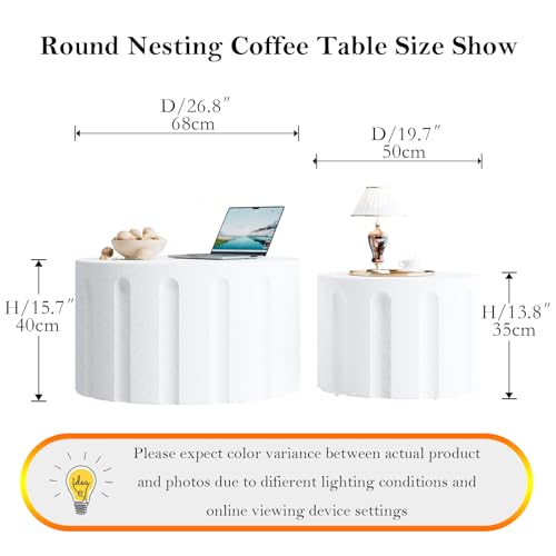 Nesting Coffee Table Set of 2 with Non-Slip Feet (White 26.8+19.7in) | Modern White Matte Spray Paint Accent End Table Set No Assembling for Living Room - color: White 26.8+19.7in
