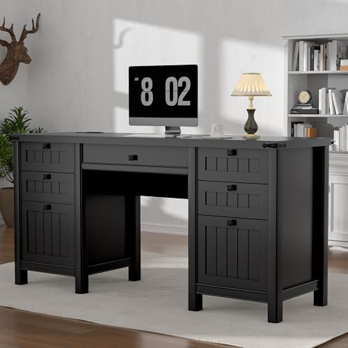 62" Executive Desk Home Office Desk with File Drawer & Cabinet | Farmhouse Computer Desk with Charging Station for Work Study Writing Cabinet Storage Workspace Black - color: Black, size: 62"