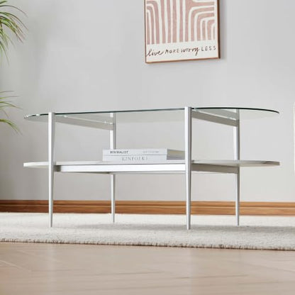 LumFurn Oval Glass Coffee Table, Mid-Century Modern Design for Living Room, L41xW21xH17inch, Clear Glass, White Marble Finish Wood & Silver Finish Frame - color: Oval L41" Silver & White Marble