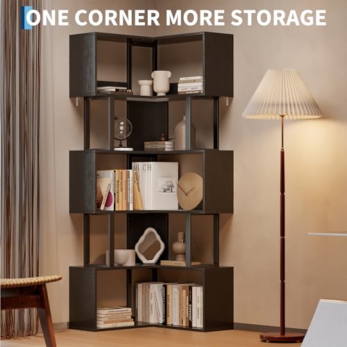 Garvee Corner Bookshelf, 62.6" Tall Metal Wooden Bookcase, Modern Freestanding Corner Shelf with Baffle, 5-Tier L-Shaped Display Rack Storage Organizer for Home Office, Living Room | Modern Freestanding Corner Shelf with Baffle, 5-Tier L-Shaped Display Ra